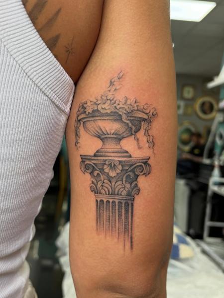 Blackwork ornate column tattoo by @amberr.tattoos