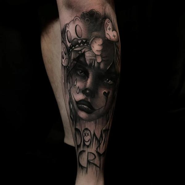 Realism clown face tattoo by @amberleena_tattoos