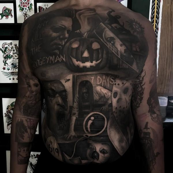 Realism horror collage tattoo by @amberleena_tattoos