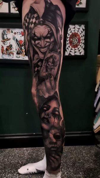 Realism joker and woman tattoo by @amberleena_tattoos