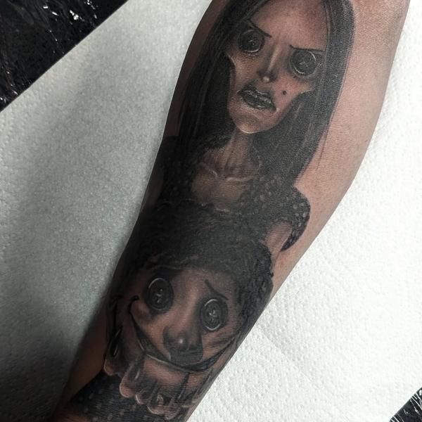 Realism creepy portrait tattoo by @amberleena_tattoos