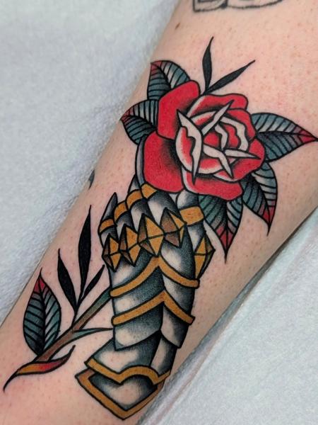 Traditional armored rose tattoo by @ambermoontattoo