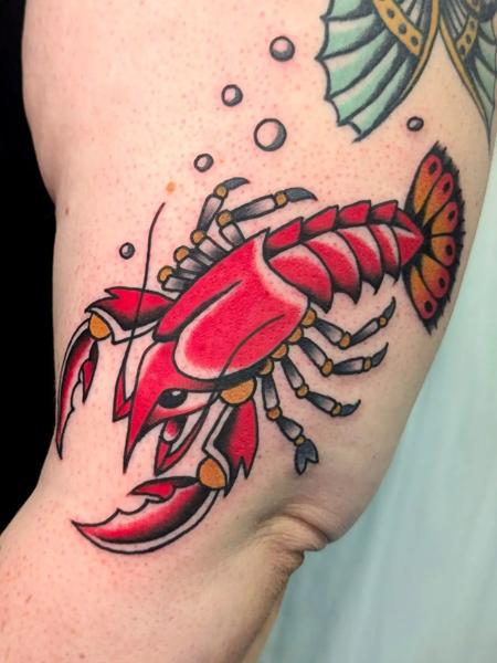 Traditional lobster tattoo by @ambermoontattoo