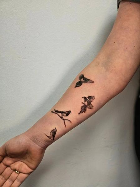 Fine line flying birds tattoo by @iamscaarz