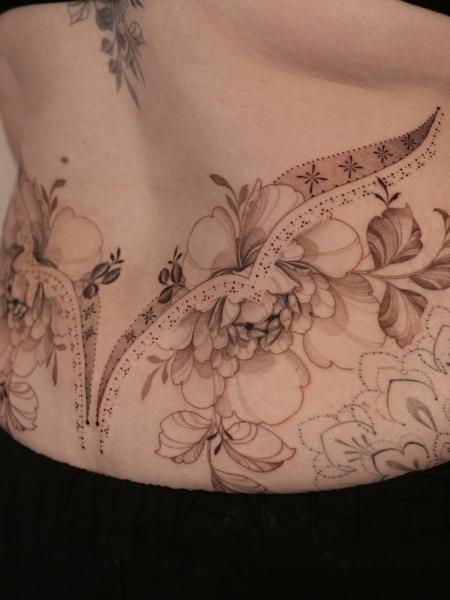Fine line floral pattern tattoo by @amybillingtattoo