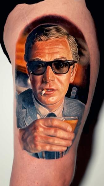 Realism portrait with drink tattoo by @amyedwardstattoo