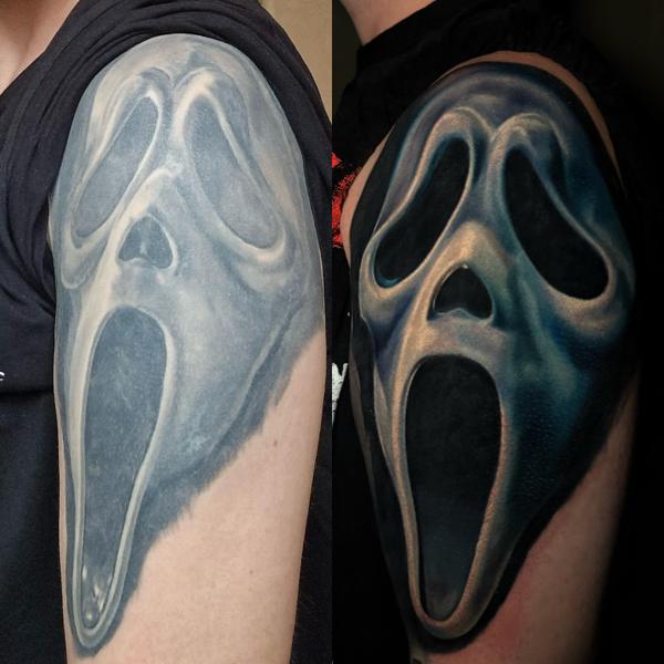 Realism scream mask tattoo by @amyedwardstattoo
