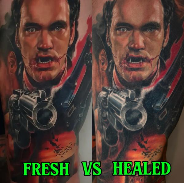 Realism gun portrait tattoo by @amyedwardstattoo
