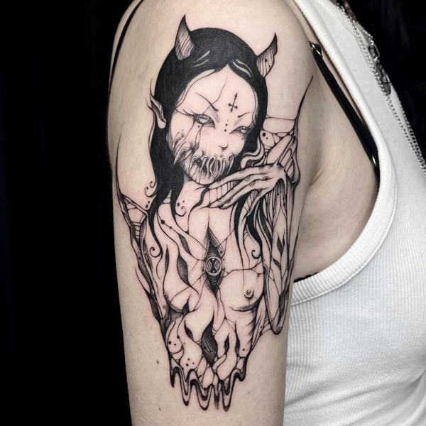 Blackwork demonic woman tattoo by @sitsan.barcodetattoo