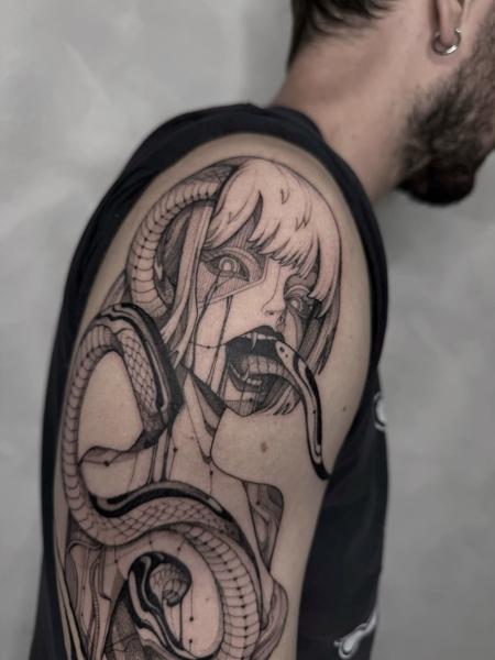 Illustrative snake woman tattoo by @sitsan.barcodetattoo