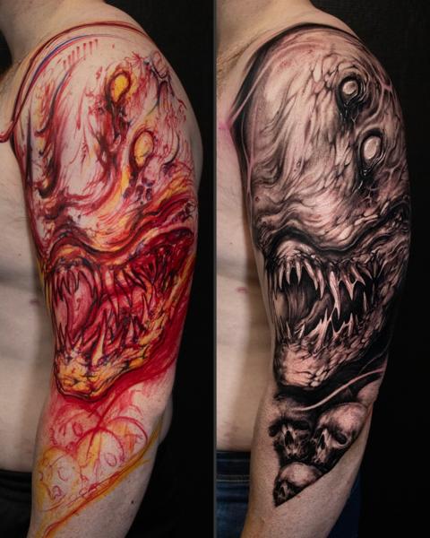 Horror realism horror creature tattoo by @anders_grucz_tattoo