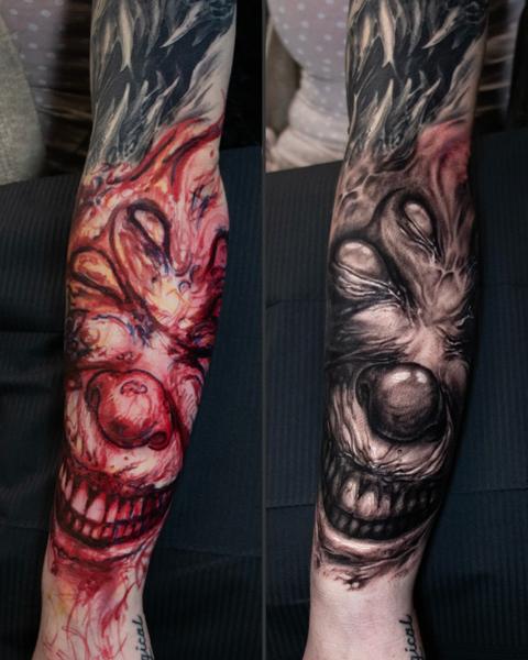 Realism horror clown tattoo by @anders_grucz_tattoo