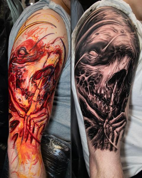 Dark realism horror skull tattoo by @anders_grucz_tattoo
