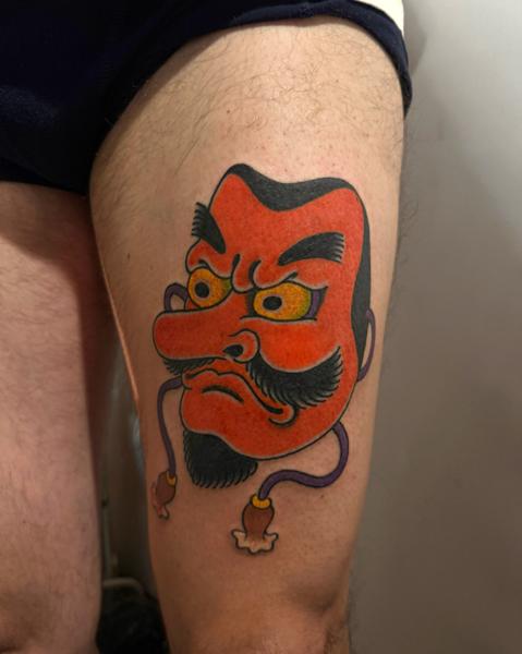 Traditional tengu mask tattoo by @andreafurcitattoo