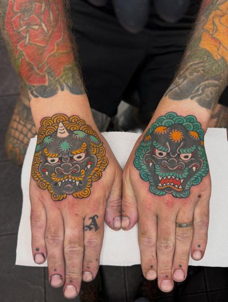 Traditional demon masks tattoo by @andreafurcitattoo