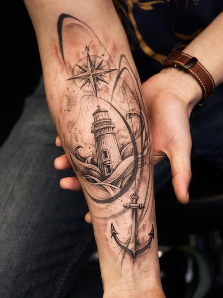 Illustrative lighthouse anchor tattoo by @andreas.givskov