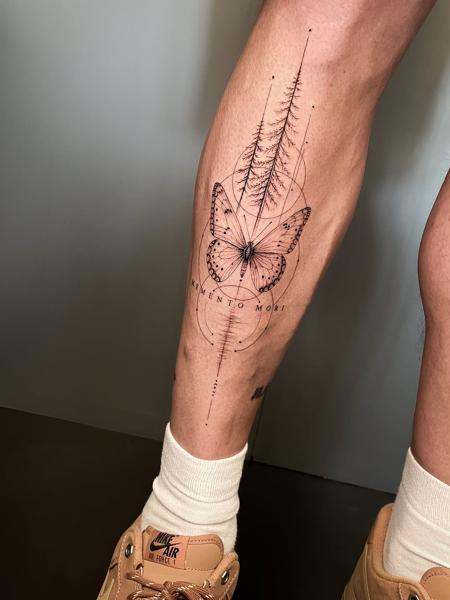 Fine line blackwork butterfly trees geometric tattoo by @andreas.givskov