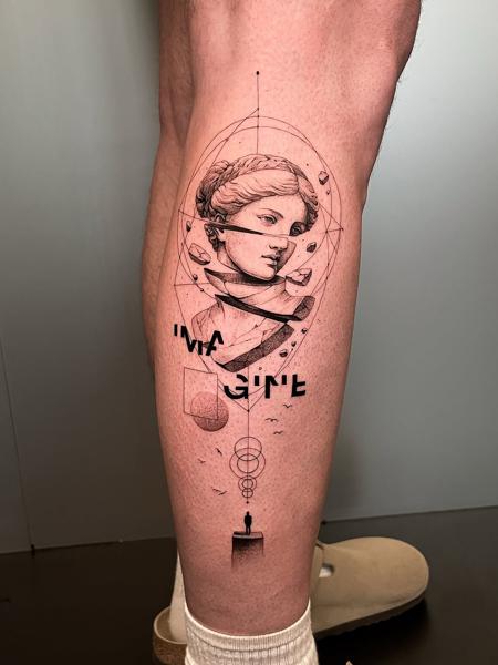 Fine line fragmented bust tattoo by @andreas.givskov