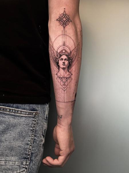 Fine line winged woman bust tattoo by @andreas.givskov