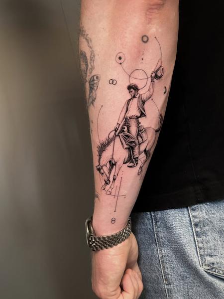 Illustrative cowboy on horse tattoo by @andreas.givskov