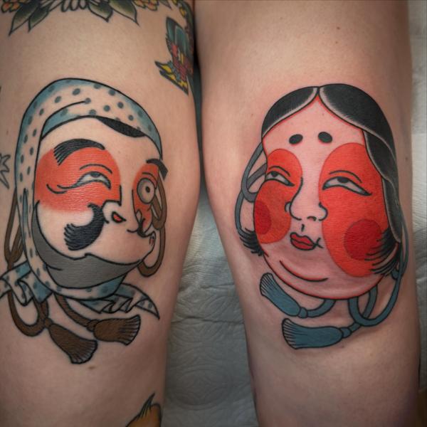 Traditional traditional masks tattoo by @andrew.bid