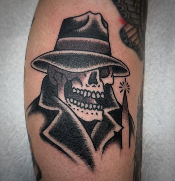 Traditional skeleton detective tattoo by @andrew.bid