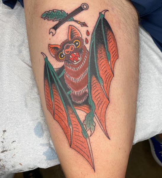 Traditional bat tattoo by @andrewkingtattoo