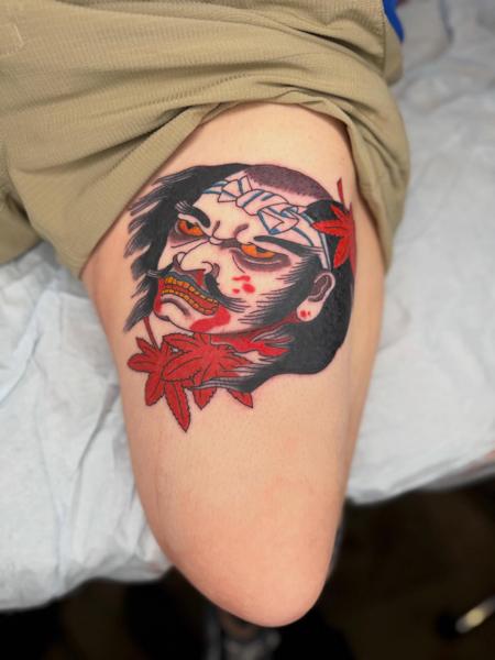 Traditional samurai head tattoo by @andrewkingtattoo