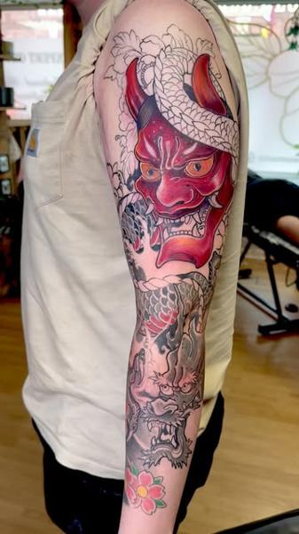 Japanese japanese mask dragon tattoo by @angelaltilar_tattoo