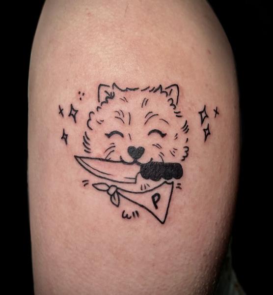 Fine line cute dog with knife tattoo by @angie_needs_ink