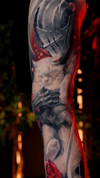 Realism cat and knight tattoo by @animal_tattooer