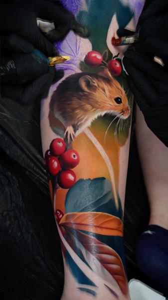 Realism mouse and berries tattoo by @animal_tattooer