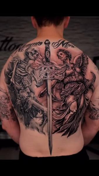 Realism angel and skeleton tattoo by @anna_tattooss
