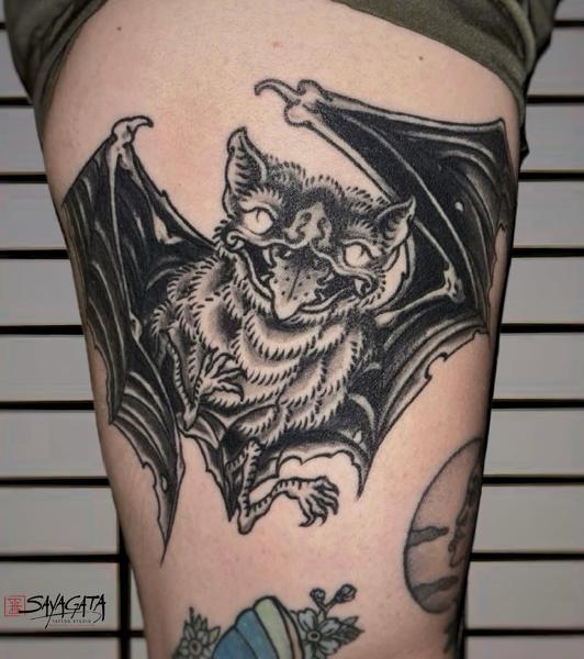 Illustrative blackwork flying bat tattoo by @_annuk_
