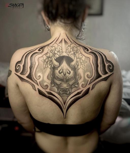 Japanese blackwork hannya mask floral tattoo by @_annuk_