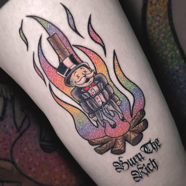 Illustrative monopoly man burning tattoo by @__annablue