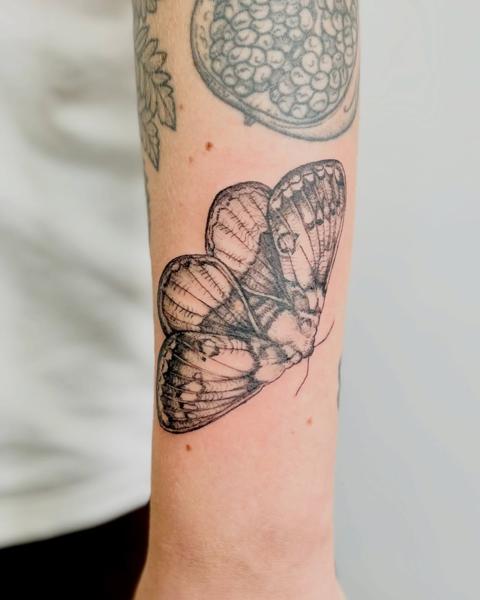 Fine line detailed moth tattoo by @fresh.ink.anna