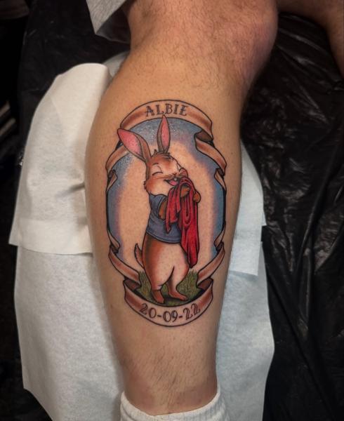 Traditional cartoon rabbit tattoo by @meerkatstattoo