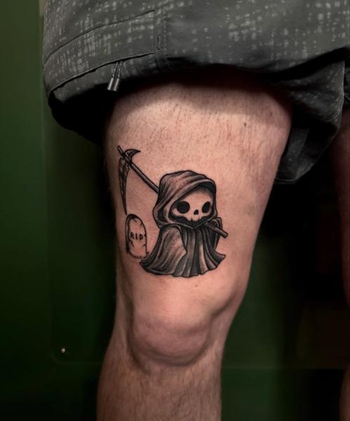 Illustrative grim reaper tattoo by @meerkatstattoo