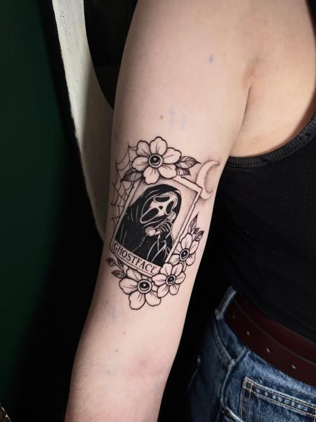 Blackwork ghostface portrait tattoo by @meerkatstattoo