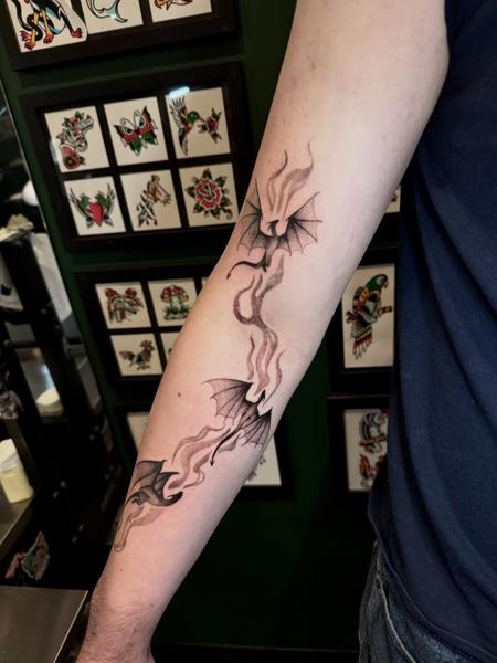 Dotwork smoke dragon tattoo by @meerkatstattoo
