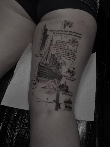 Fine line titanic narrative tattoo by @antclaytattoo