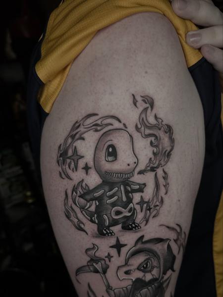 Illustrative skeleton charmander tattoo by @antclaytattoo