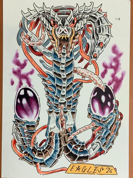 Neo-traditional mechanical cobra eggs tattoo by @eagles_of_swindon