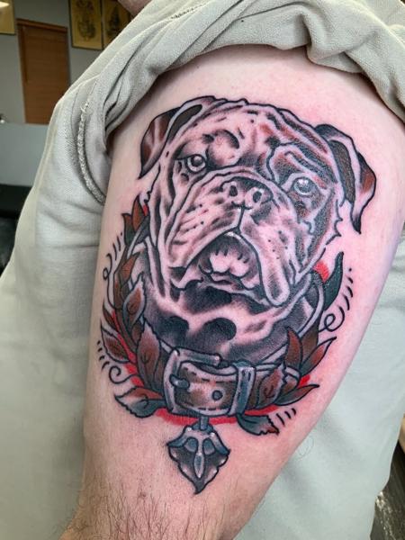 Neo-traditional bulldog portrait tattoo by @eagles_of_swindon