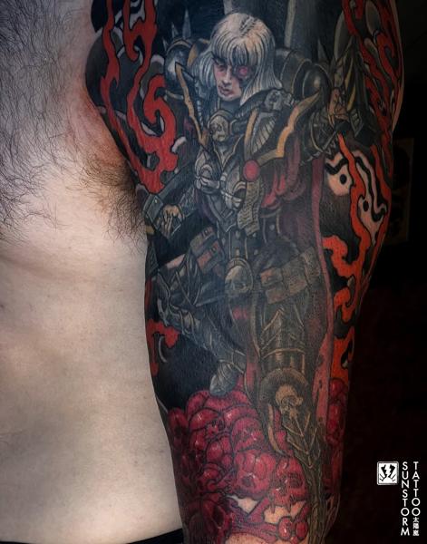 Illustrative armored warrior tattoo by @seventhswordtattoo