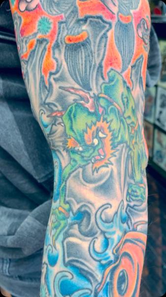 Traditional demon face tattoo by @antisocialart