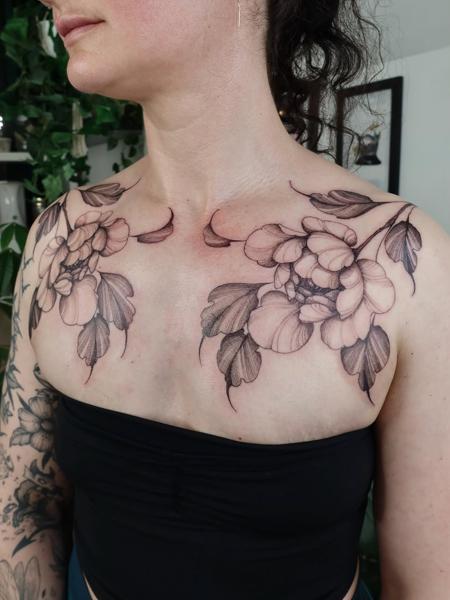 Illustrative fine line peony branches tattoo by @ariannamcgradytattoo