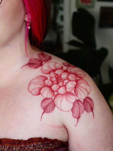 Fine line floral peony tattoo by @ariannamcgradytattoo