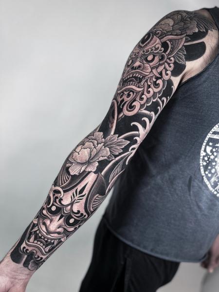 Japanese japanese mask tattoo by @ariesrhysing